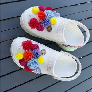 CROCS Kids White Sandals with Colorful Floral Accents